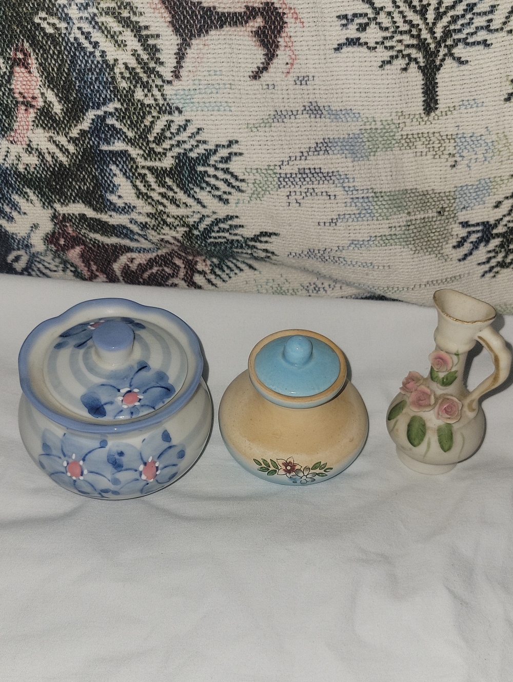Blue Floral Ceramic Lidded Jar and Vase Set Vintage Set